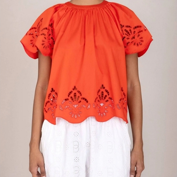Banjanan Women's Rada Sunset Orange Eyelet Blouse Size Small - Picture 3 of 16